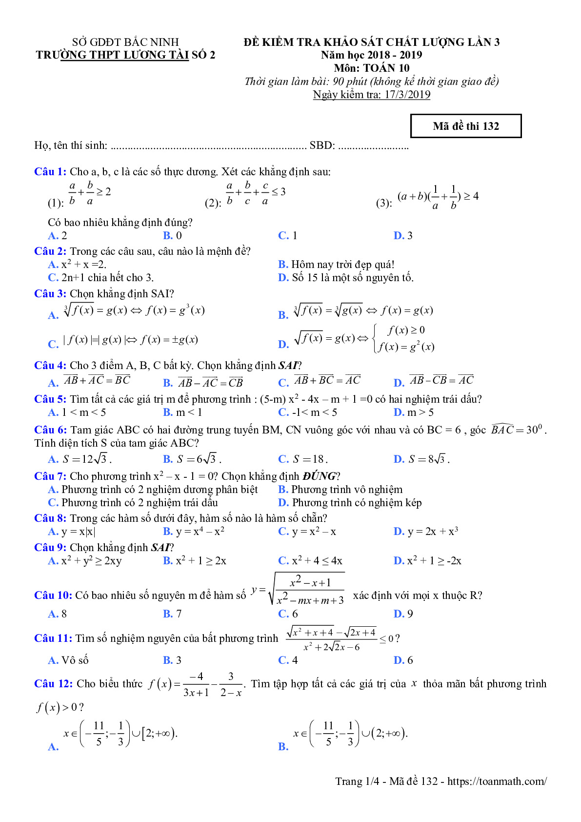 Toán 10 - Đề khảo sát  lần 3 năm 2018 – 2019 trường Lương Tài 2 – Bắc Ninh