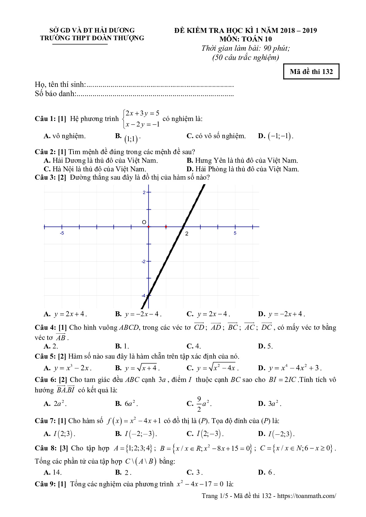 Đề thi HK1 Toán 10 năm 2018 – 2019 trường THPT Đoàn Thượng – Hải Dương