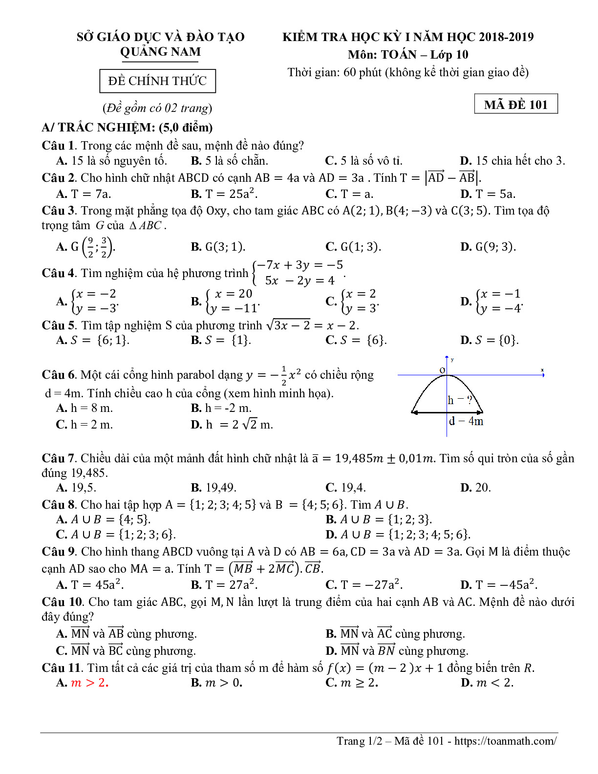 Đề thi HK1 Toán 10 năm học 2018 – 2019 sở GD và ĐT Quảng Nam