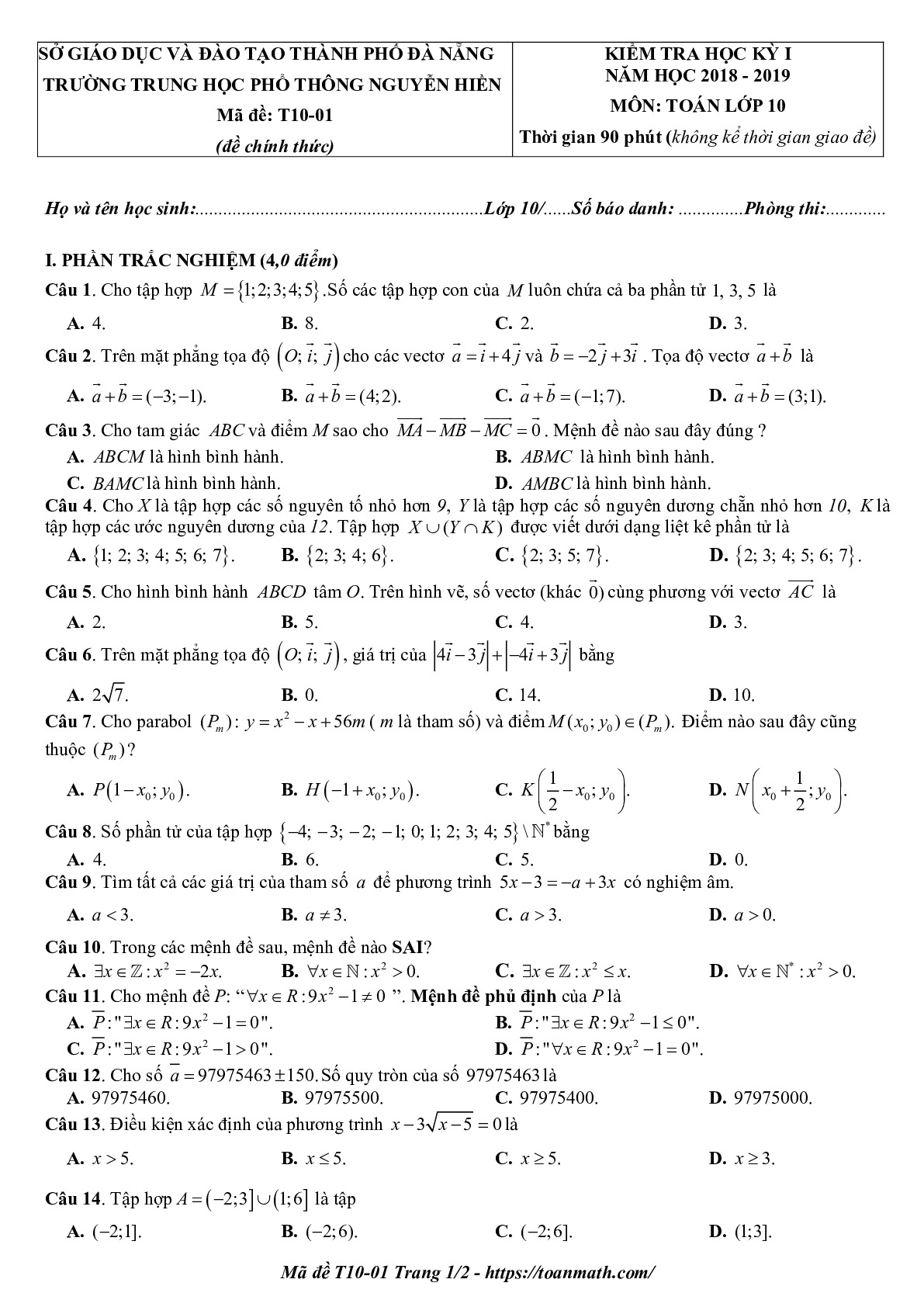 Đề thi HK1 Toán 10 năm học 2018 – 2019 trường THPT Nguyễn Hiền – Đà Nẵng