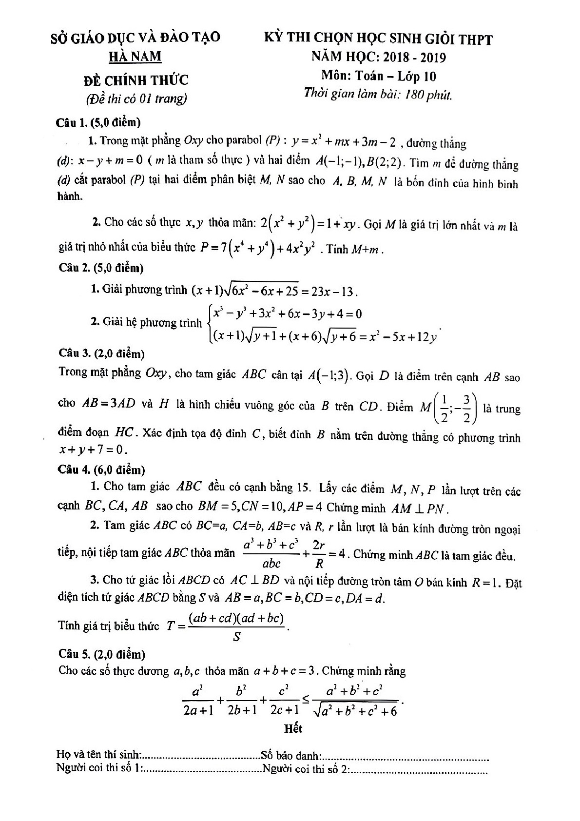 Đề thi học sinh giỏi Toán 10 THPT năm 2018 – 2019 sở GD_ĐT Hà Nam