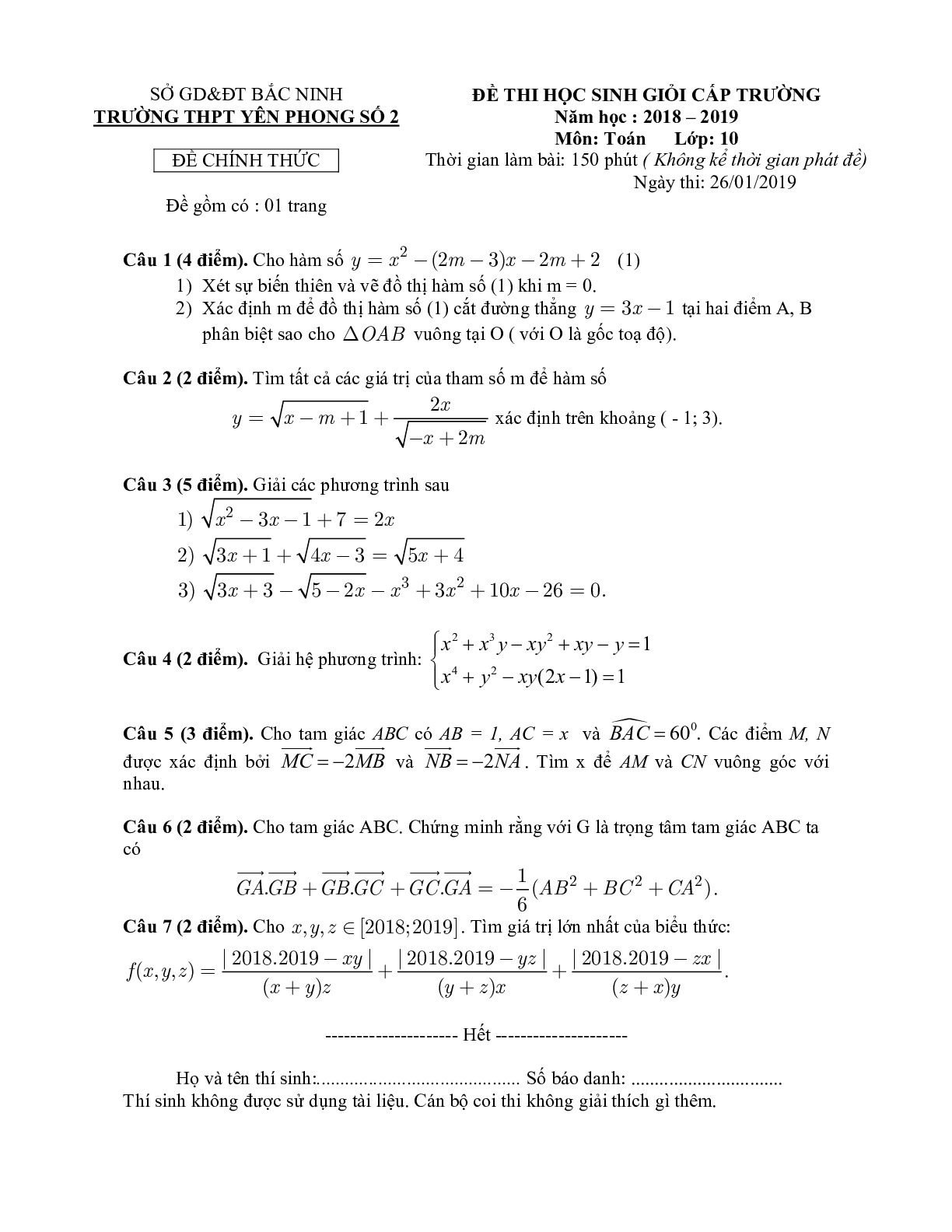 Đề thi HSG Toán 10 cấp trường năm 2018 – 2019 trường Yên Phong 2 – Bắc Ninh