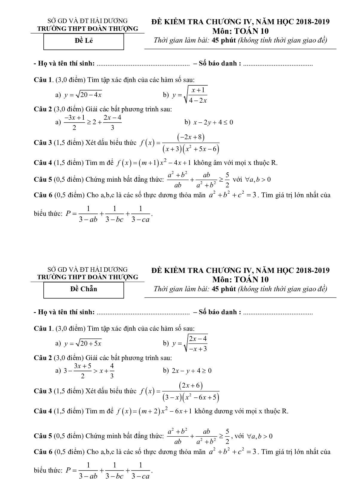 Toán 10 - Đề kiểm tra Đại số 10 chương 4 năm 2018 – 2019 trường Đoàn Thượng – Hải Dương