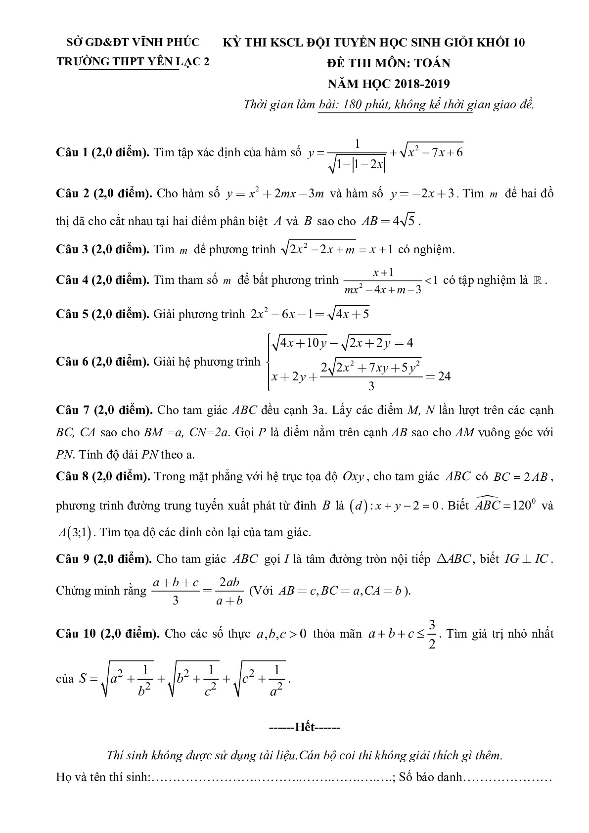 Toán 10 - Đề KSCL đội tuyển HSG năm 2018 – 2019 trường Yên Lạc 2 – Vĩnh Phúc