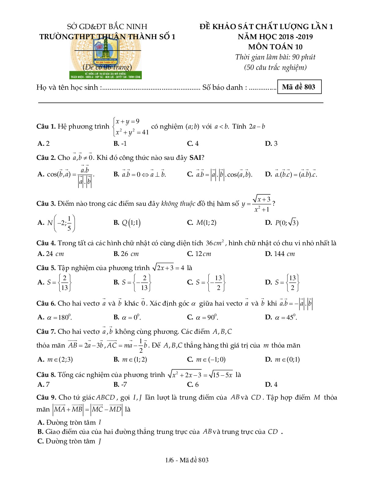 Toán 10 - Đề KSCL lần 1 năm 2018 – 2019 trường Thuận Thành 1 – Bắc Ninh