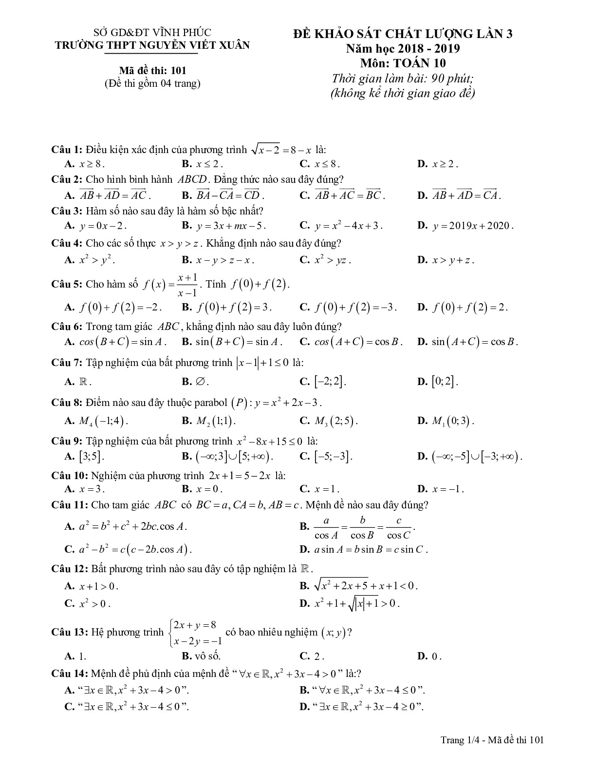 Toán 10 - Đề KSCL lần 3 năm 2018 – 2019 trường Nguyễn Viết Xuân – Vĩnh Phúc