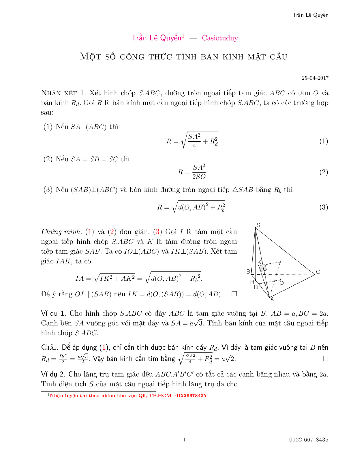 Toán 12 - Một số công thức tính bán kính mặt cầu - Trần Lê Quyền