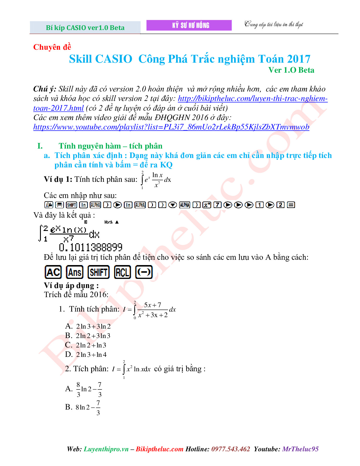 Toán 12 - Skill CASIO trắc nghiệm toán 2017