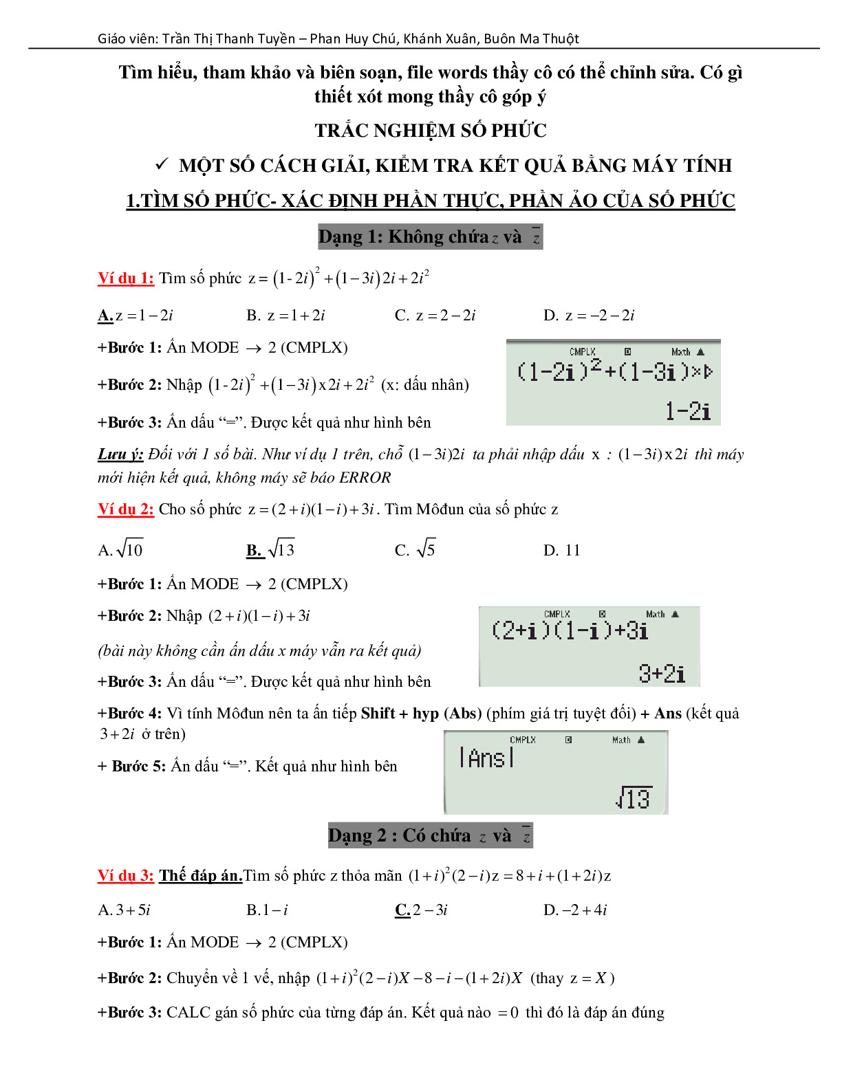 Toán 12 - Một số cách giải và kiểm tra kết quả bài tập số phức bằng máy tính cầm tay Casio - Trần Thanh Tuyền