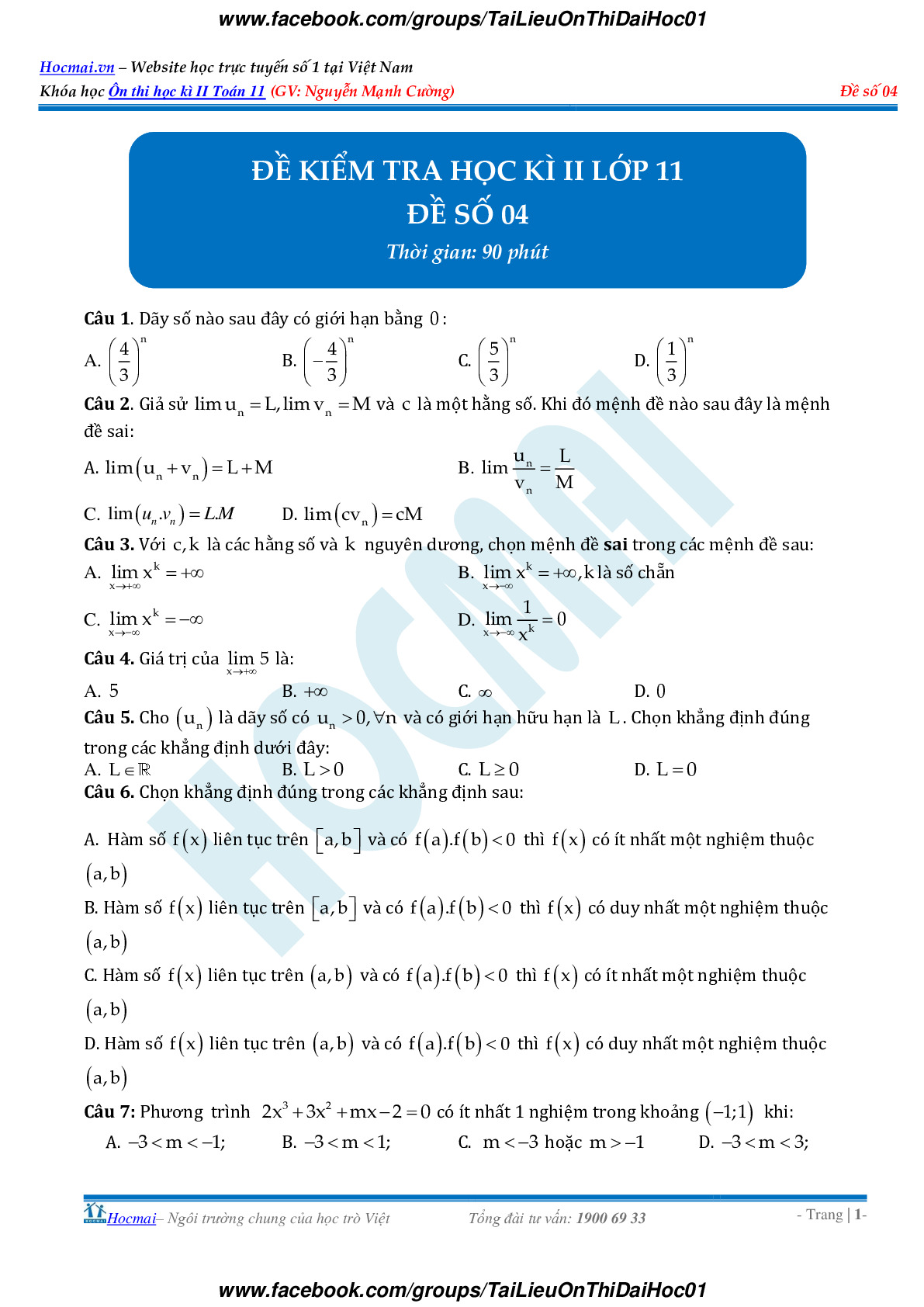 Toán 11 - Đề kiểm tra học kì 2 có đáp án - Đề 4