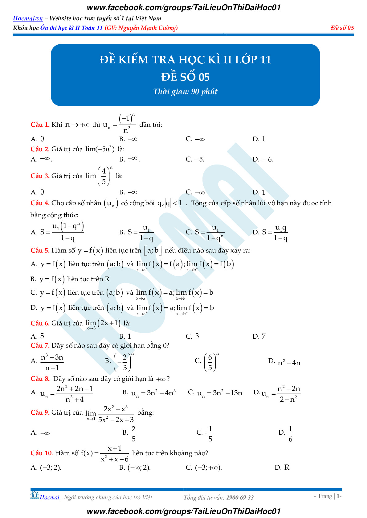 Toán 11 - Đề kiểm tra học kì 2 có đáp án - Đề 5