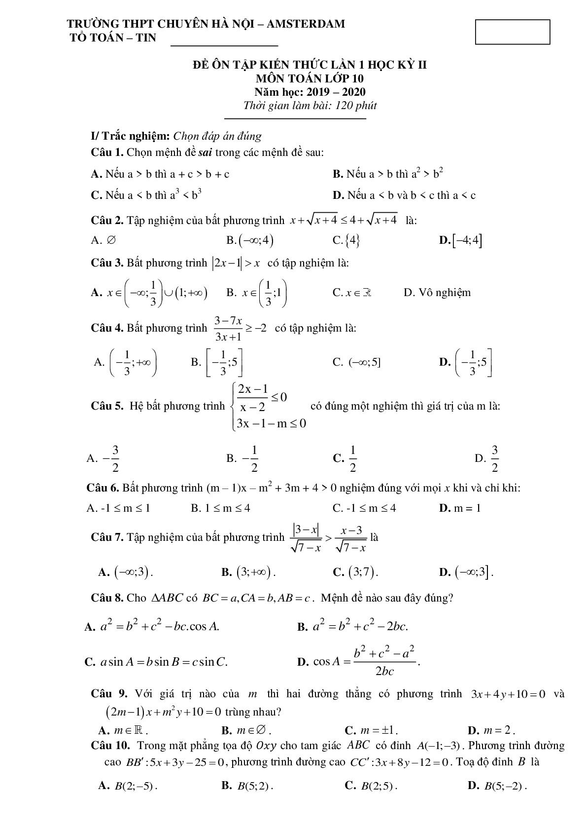 Toán 10 - Đề ôn tập tháng 2 năm 2020 trường THPT chuyên Hà Nội – Amsterdam