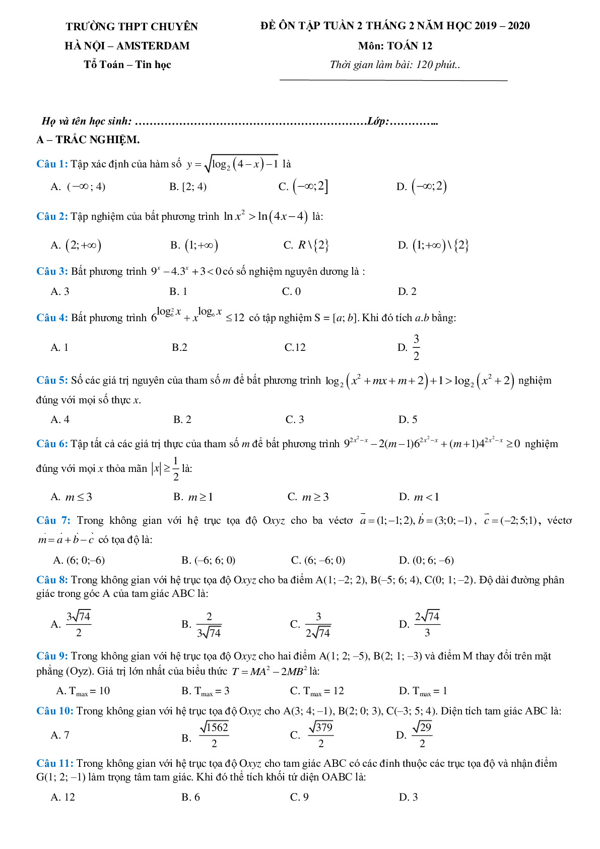Toán 12 - Đề ôn tập tháng 2 năm 2020 trường THPT chuyên Hà Nội – Amsterdam