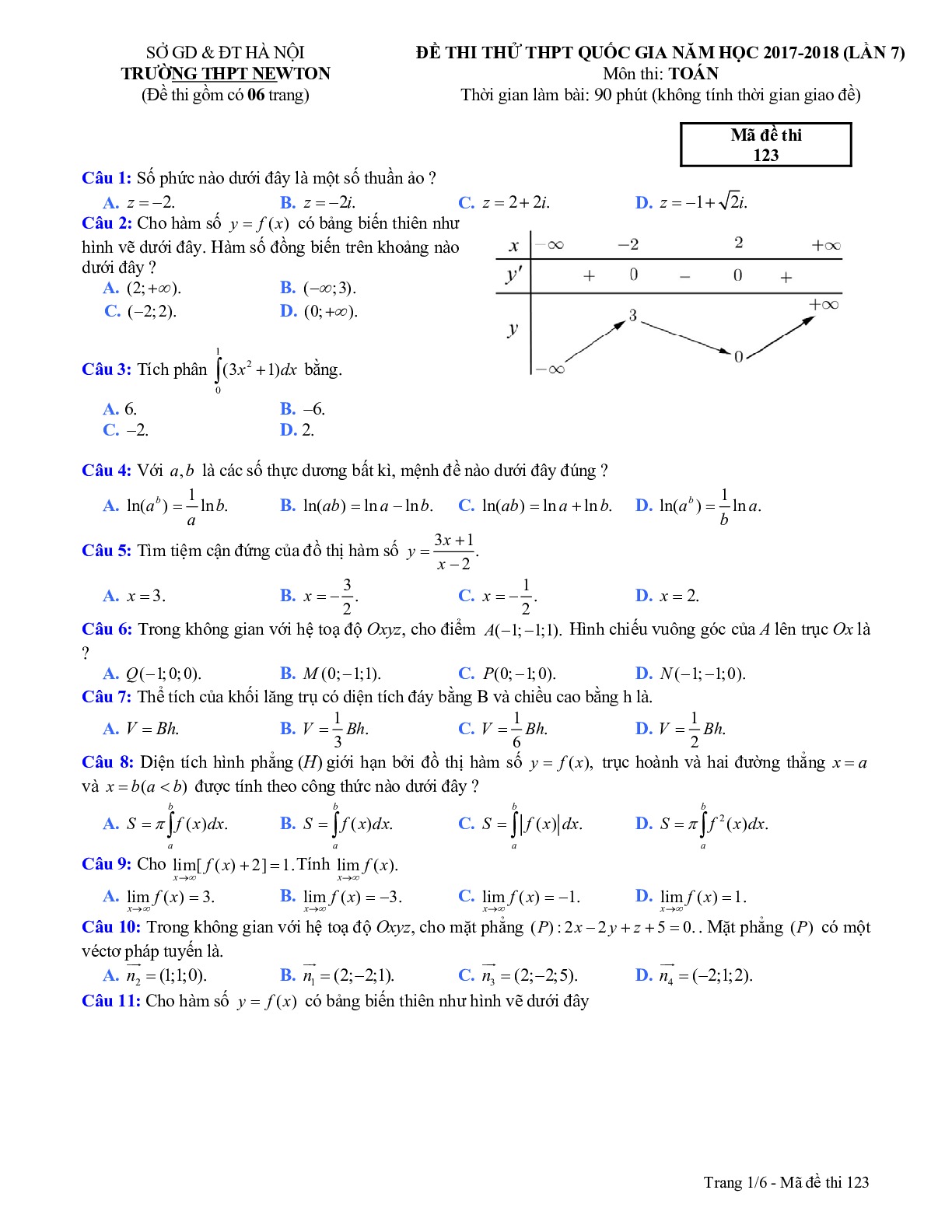 Đề thi thử Toán THPTQG trường NEWTON - Hà Nội  lần 7 năm 2018