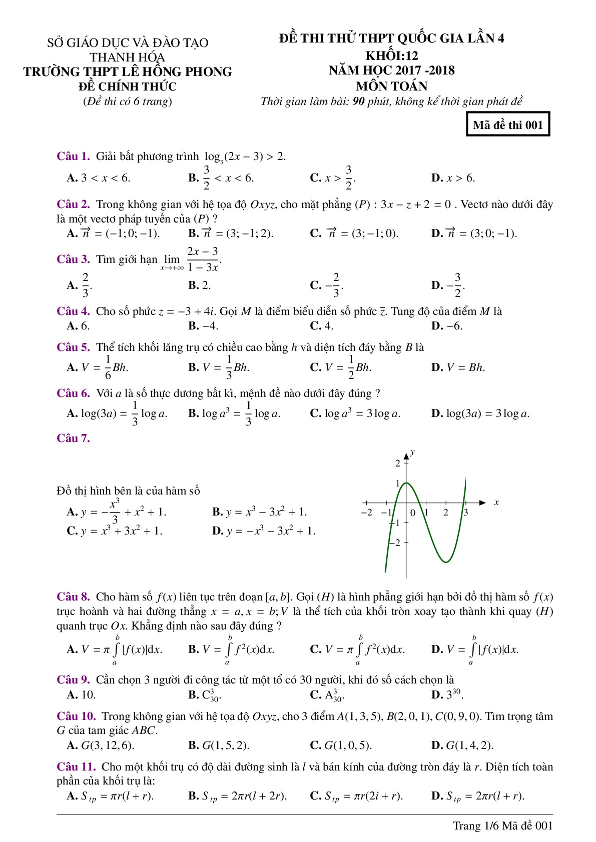 Đề thi thử Toán THPTQG trường Lê Hồng Phong - Thanh Hóa lần 4 năm 2018