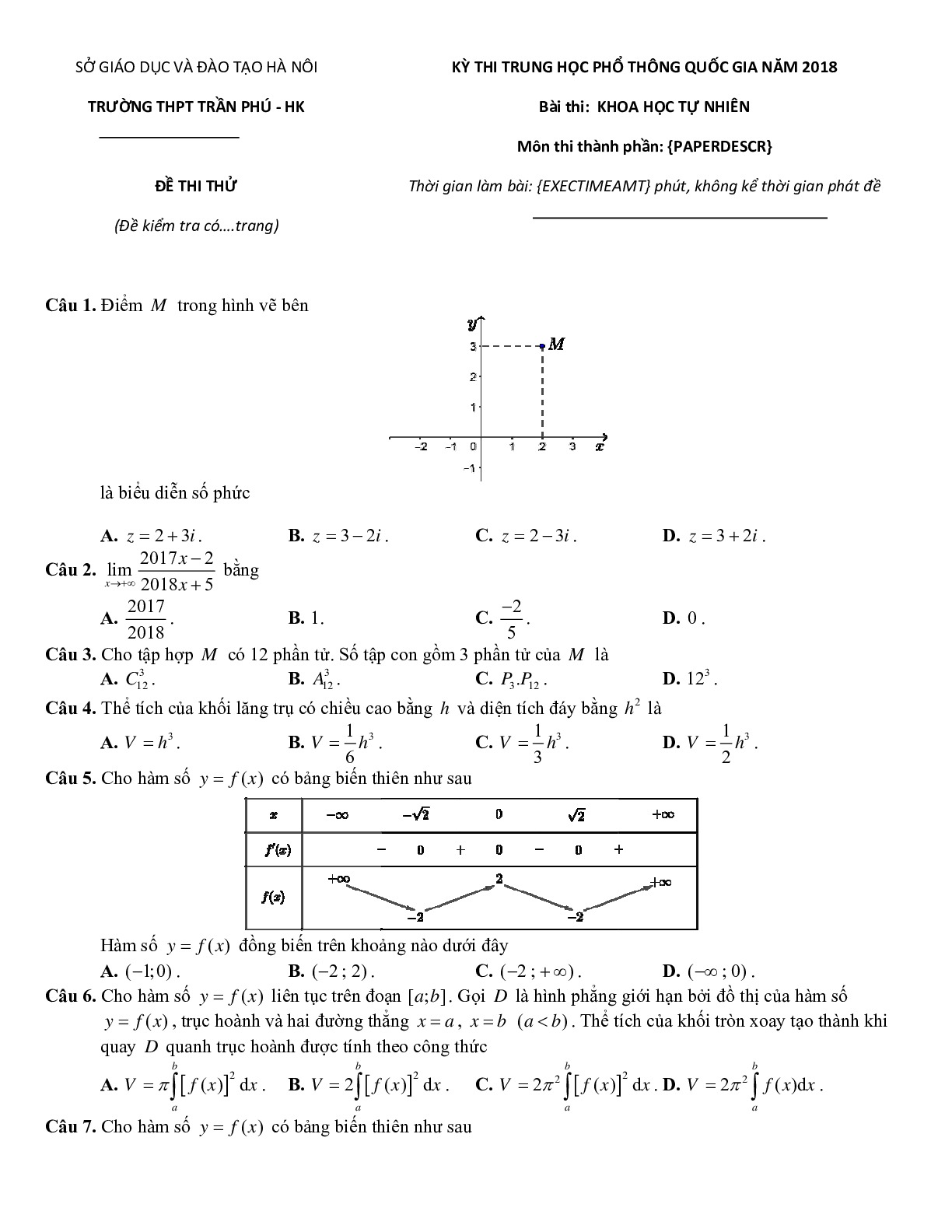 Đề thi thử môn Toán THPTQG trường Trần Phú - Hoàn Kiếm năm 2018
