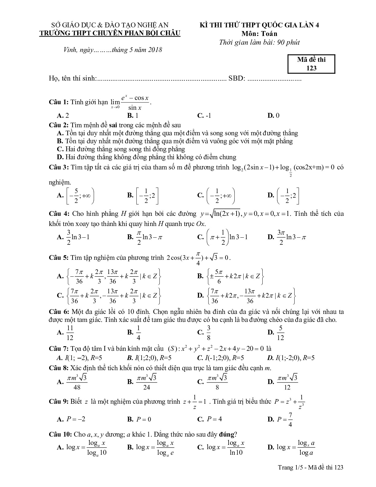 Đề thi thử (có đáp án) THPTQG môn Toán Chuyên Phan Bội Châu lần 4 năm 2018