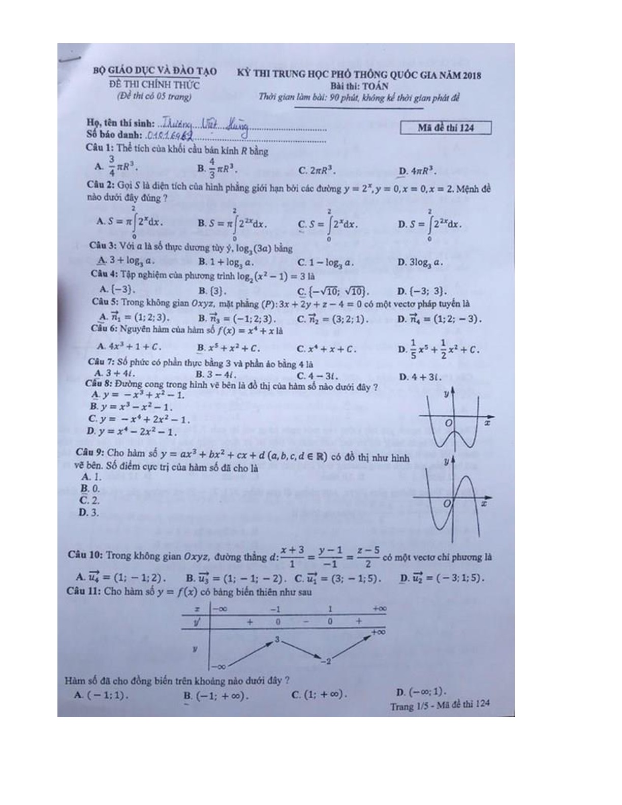 Đề thi THPTQG chính thức môn Toán (mã đề 124 -105 - 115) năm 2018