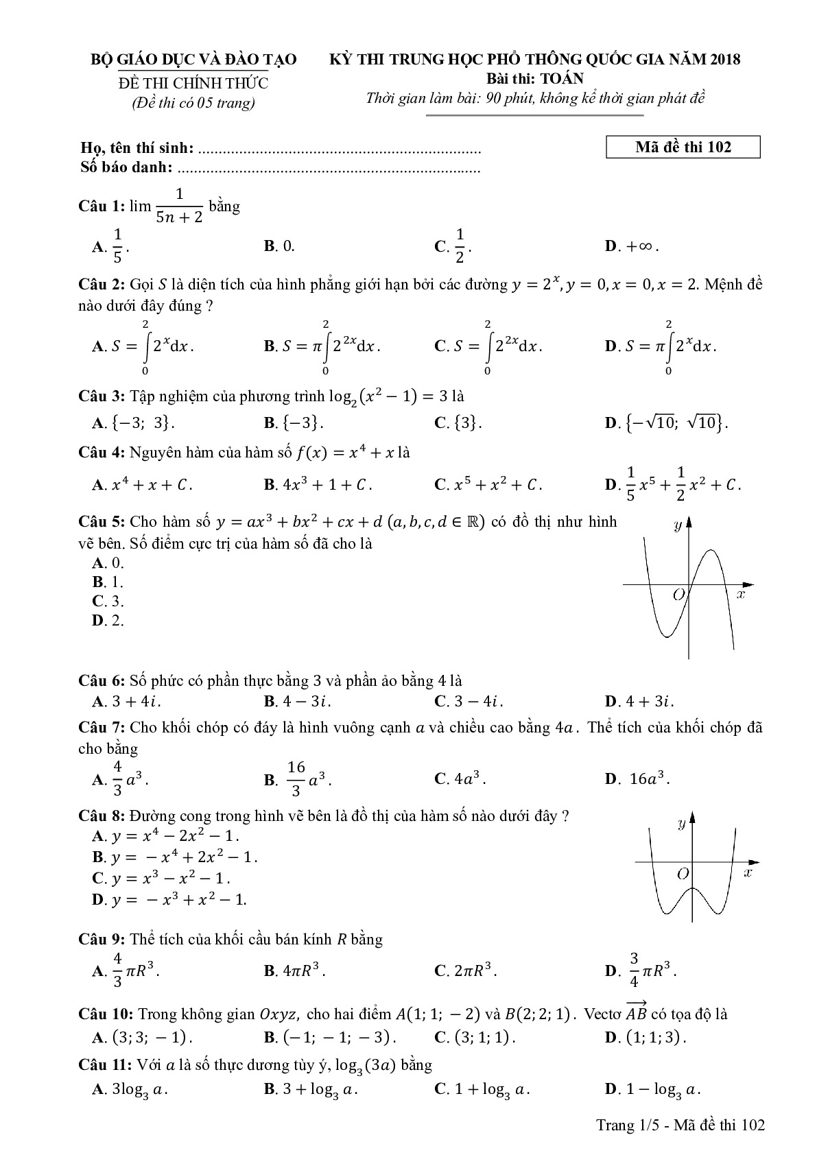 Đề thi THPTQG Môn Toán mã đề 102 năm 2018
