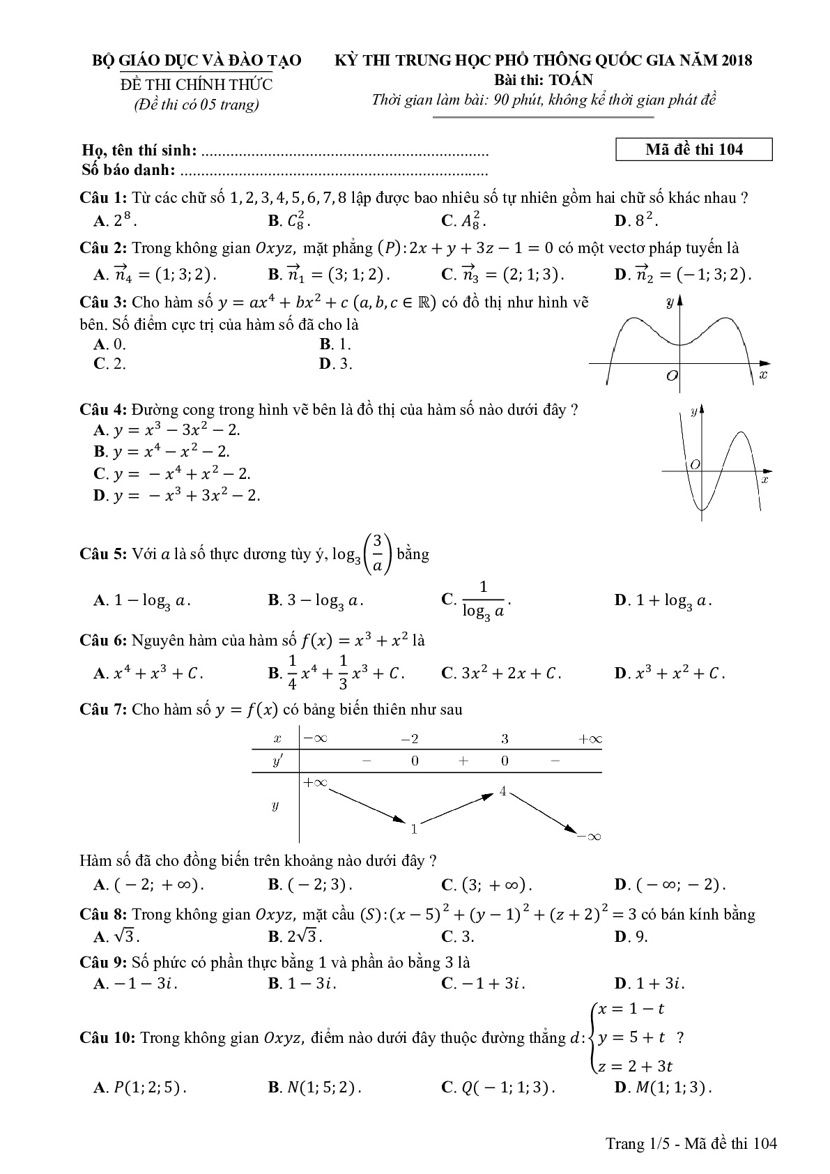 Đề thi THPTQG Môn Toán mã đề 104 năm 2018