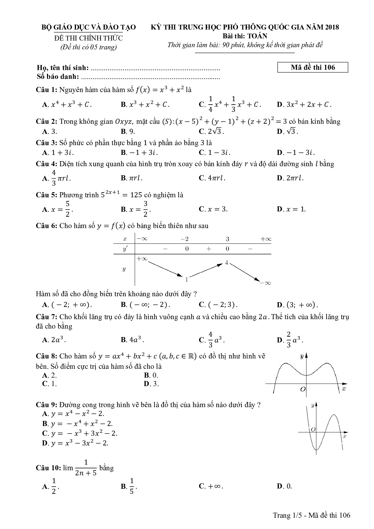 Đề thi THPTQG Môn Toán mã đề 106 năm 2018