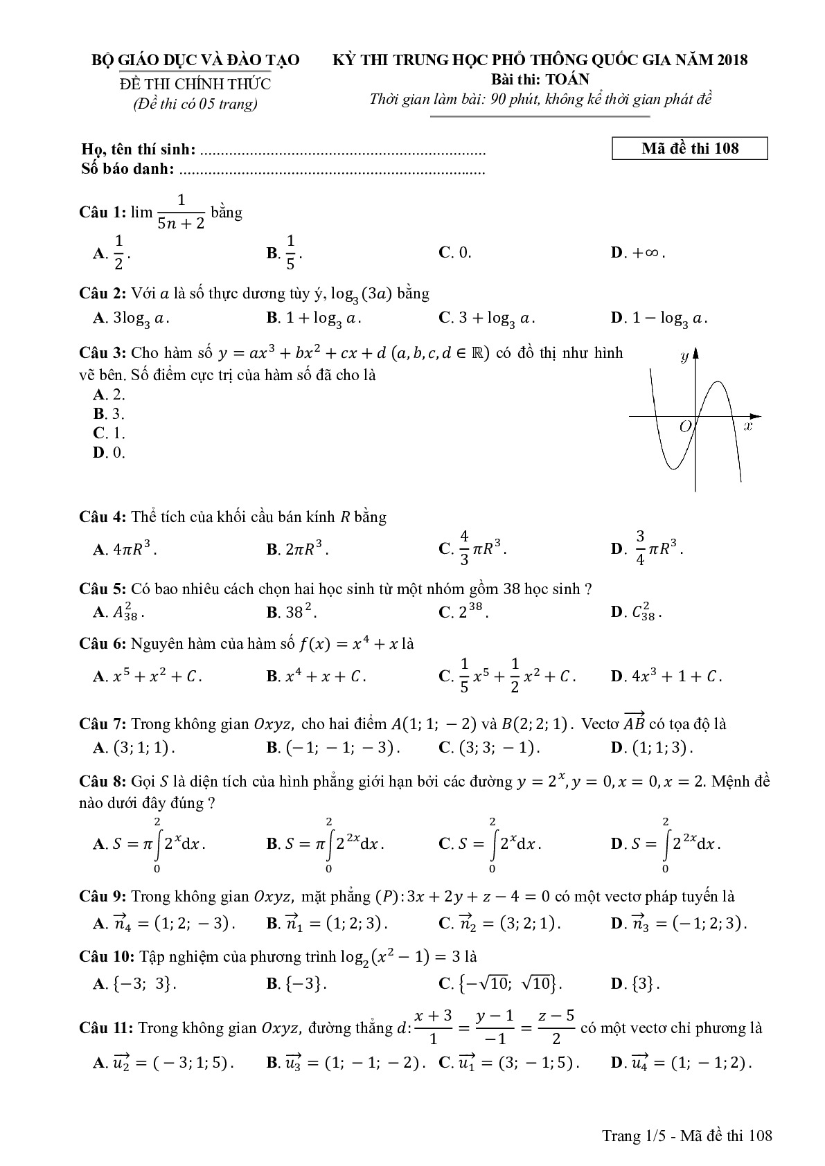 Đề thi THPTQG Môn Toán mã đề 108 năm 2018