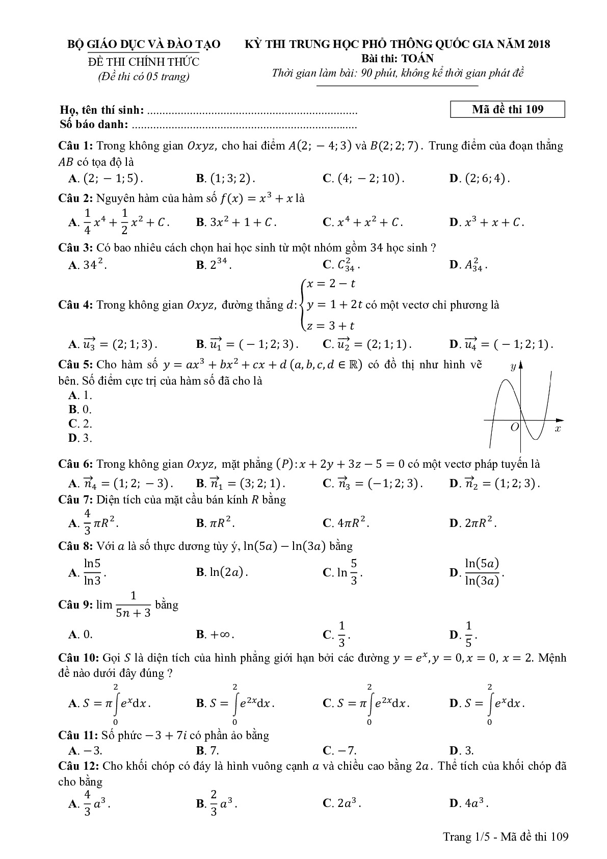 Đề thi THPTQG Môn Toán mã đề 109 năm 2018