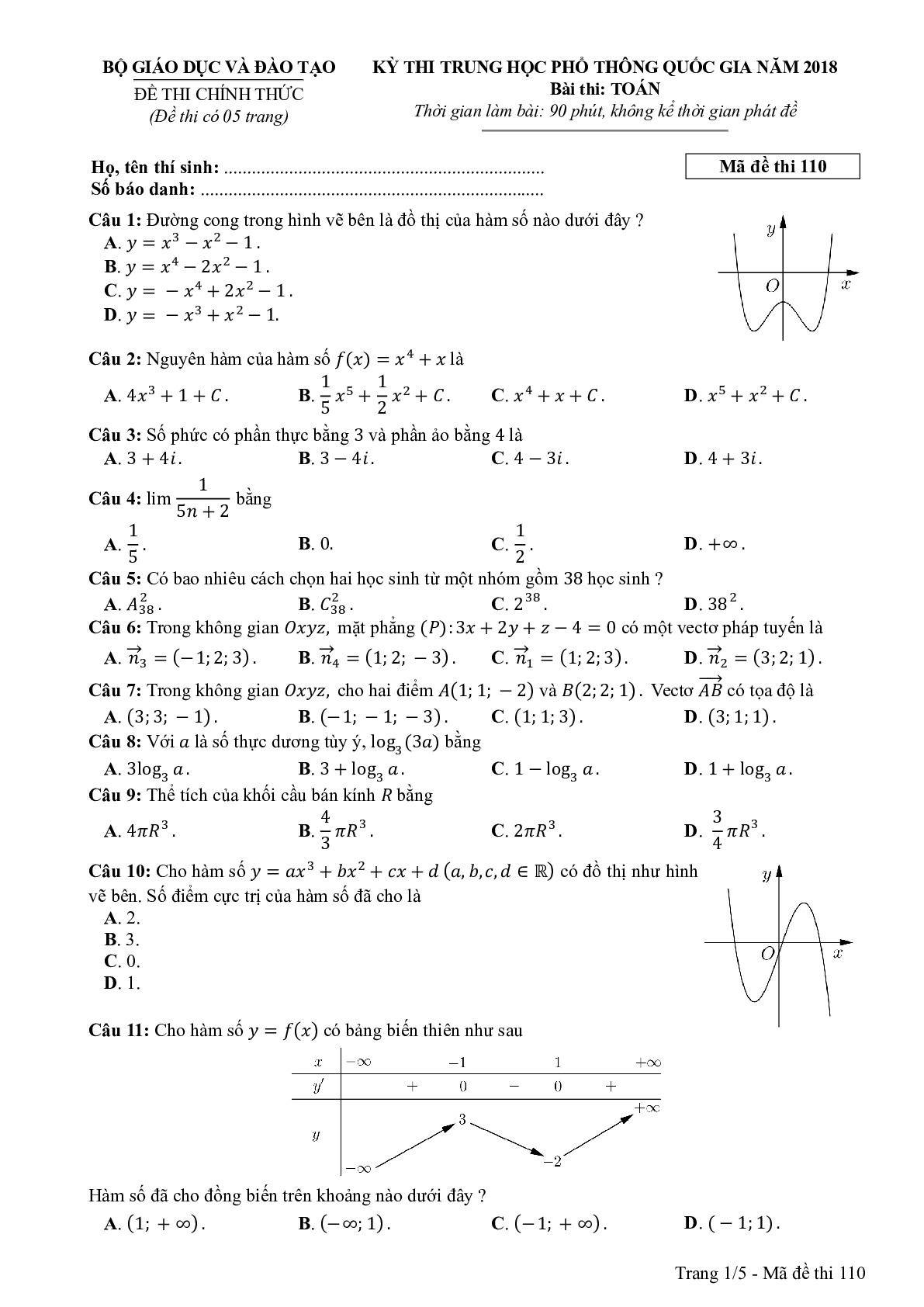 Đề thi THPTQG Môn Toán mã đề 110 năm 2018
