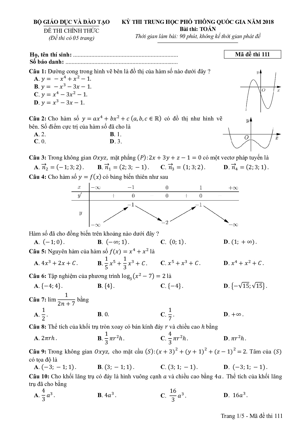 Đề thi THPTQG Môn Toán mã đề 111 năm 2018