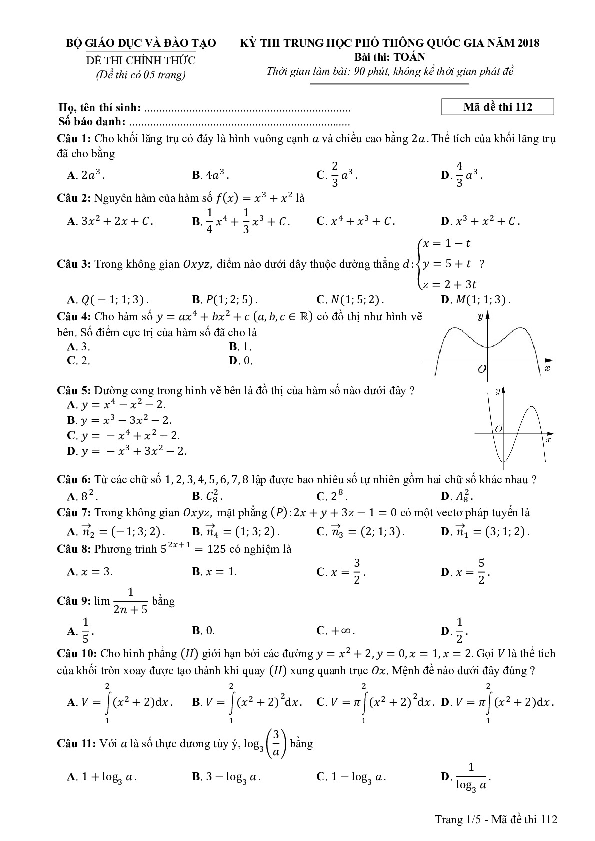 Đề thi THPTQG Môn Toán mã đề 112 năm 2018