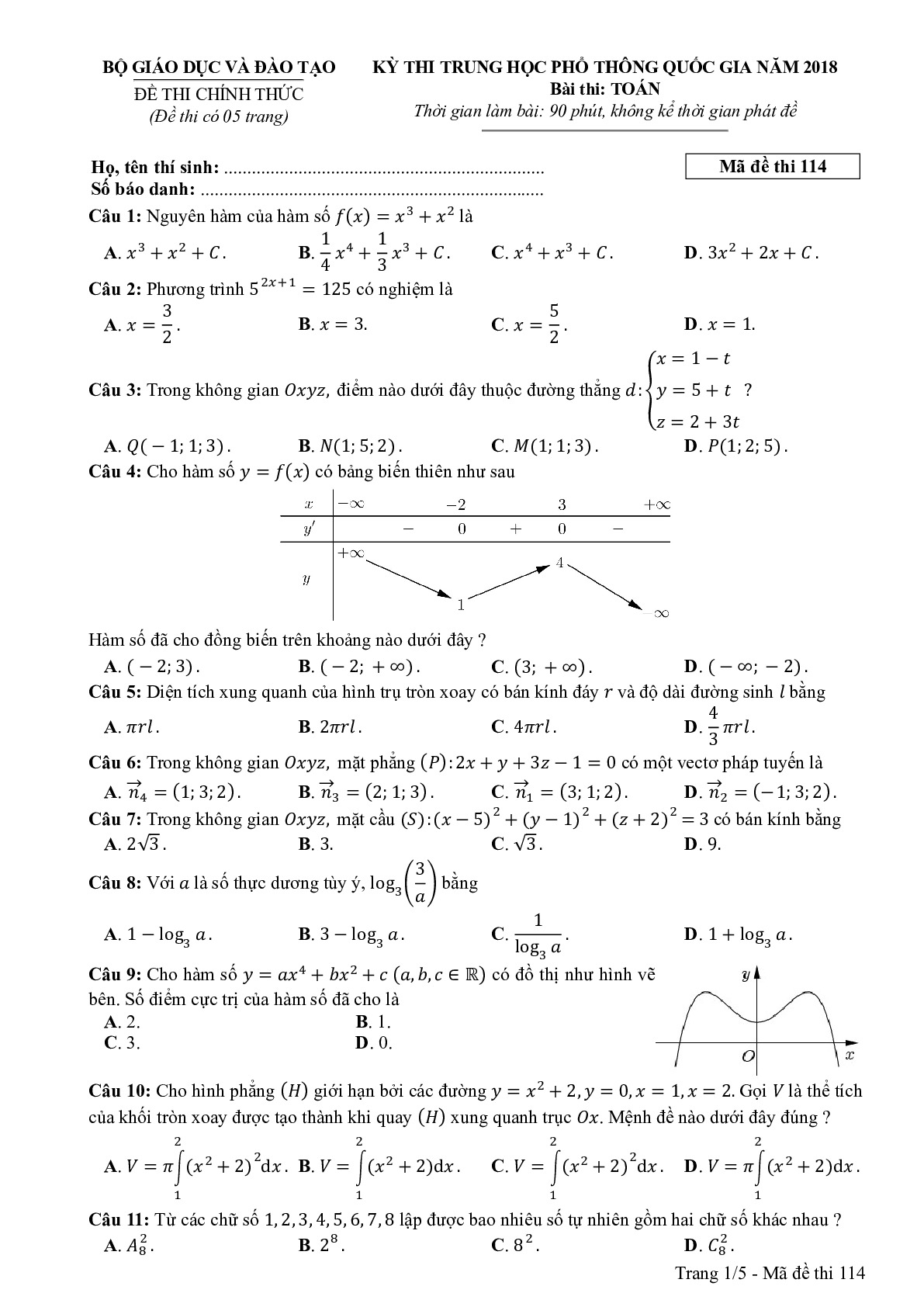 Đề thi THPTQG Môn Toán mã đề 114 năm 2018