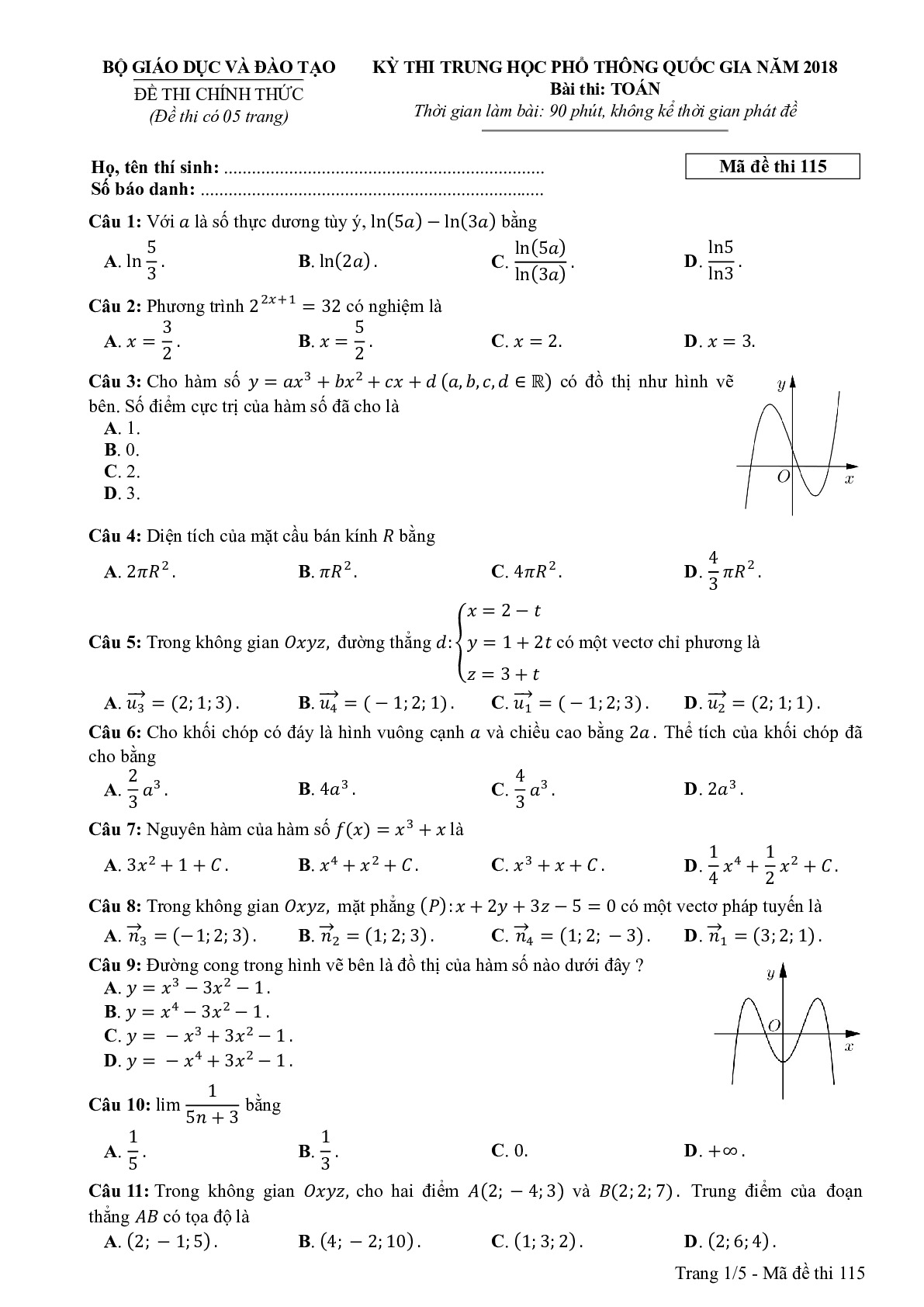 Đề thi THPTQG Môn Toán mã đề 115 năm 2018