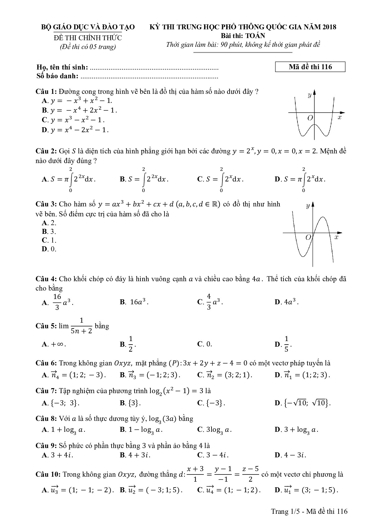 Đề thi THPTQG Môn Toán mã đề 116 năm 2018