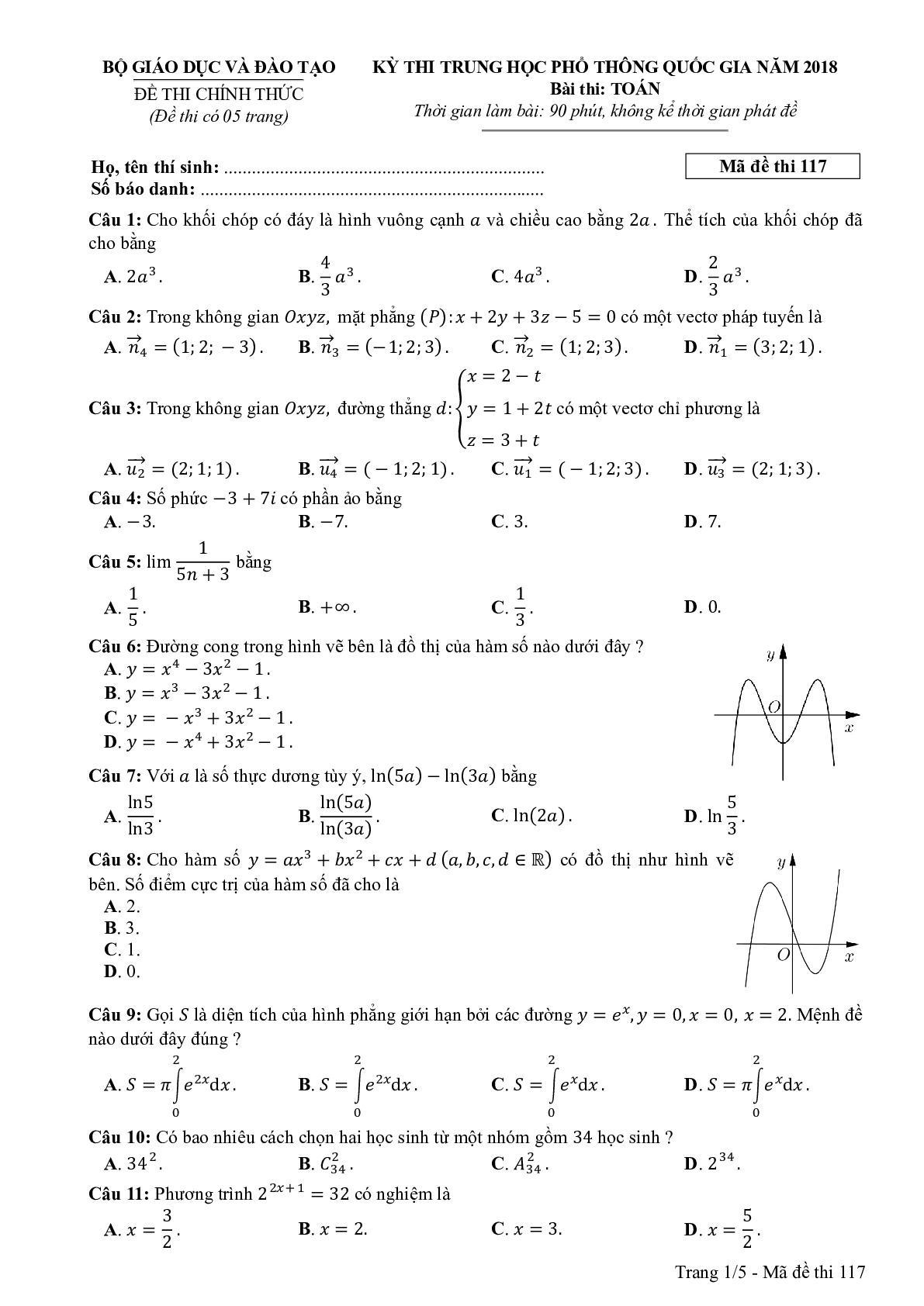 Đề thi THPTQG Môn Toán mã đề 117 năm 2018