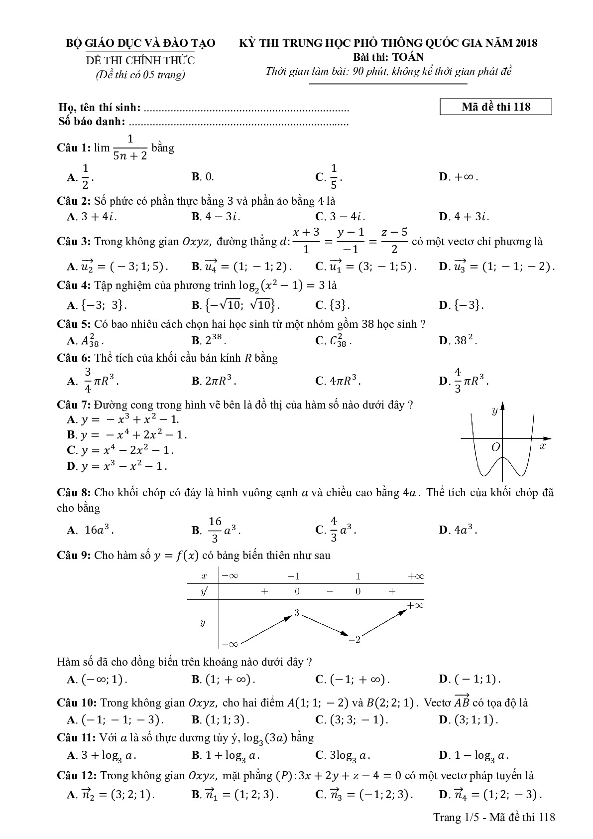 Đề thi THPTQG Môn Toán mã đề 118 năm 2018