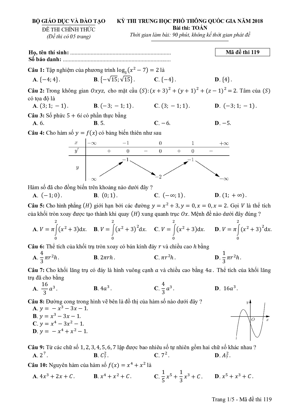 Đề thi THPTQG Môn Toán mã đề 119 năm 2018