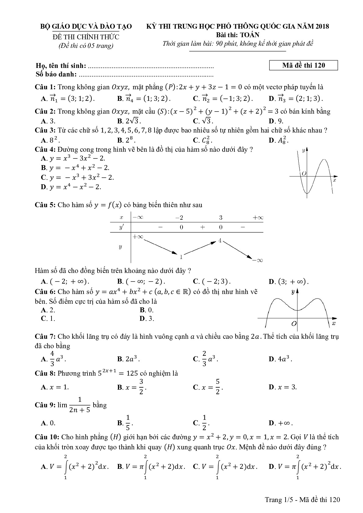Đề thi THPTQG Môn Toán mã đề 120 năm 2018