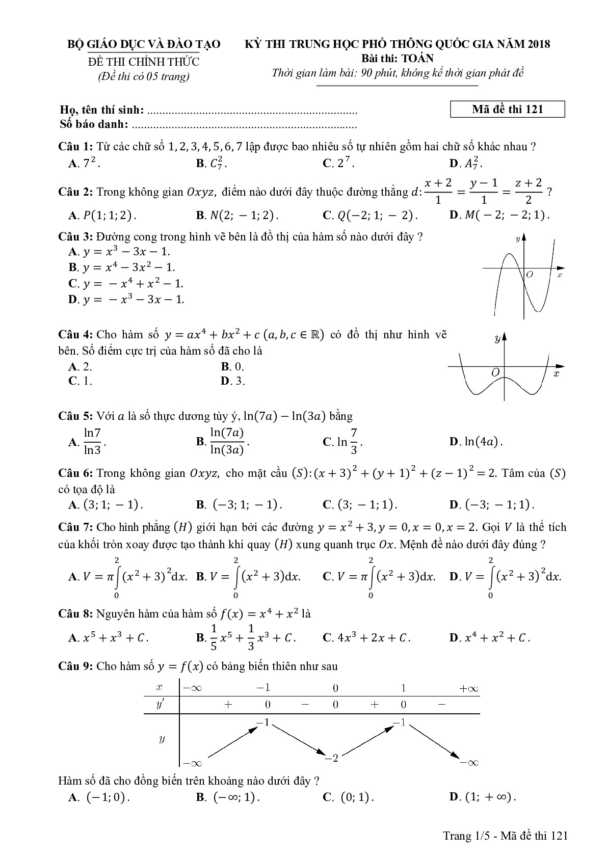 Đề thi THPTQG Môn Toán mã đề 121 năm 2018