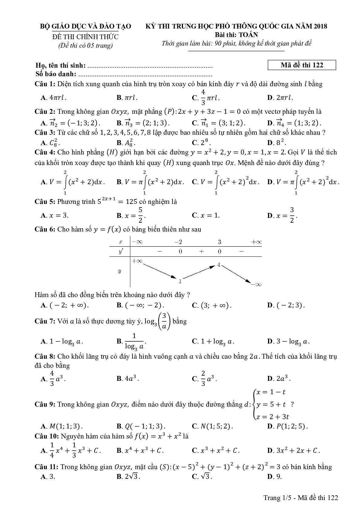 Đề thi THPTQG Môn Toán mã đề 122 năm 2018