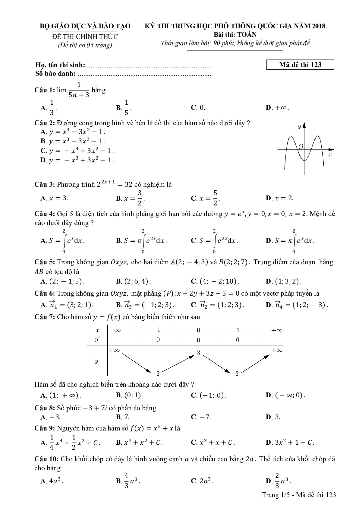 Đề thi THPTQG Môn Toán mã đề 123 năm 2018