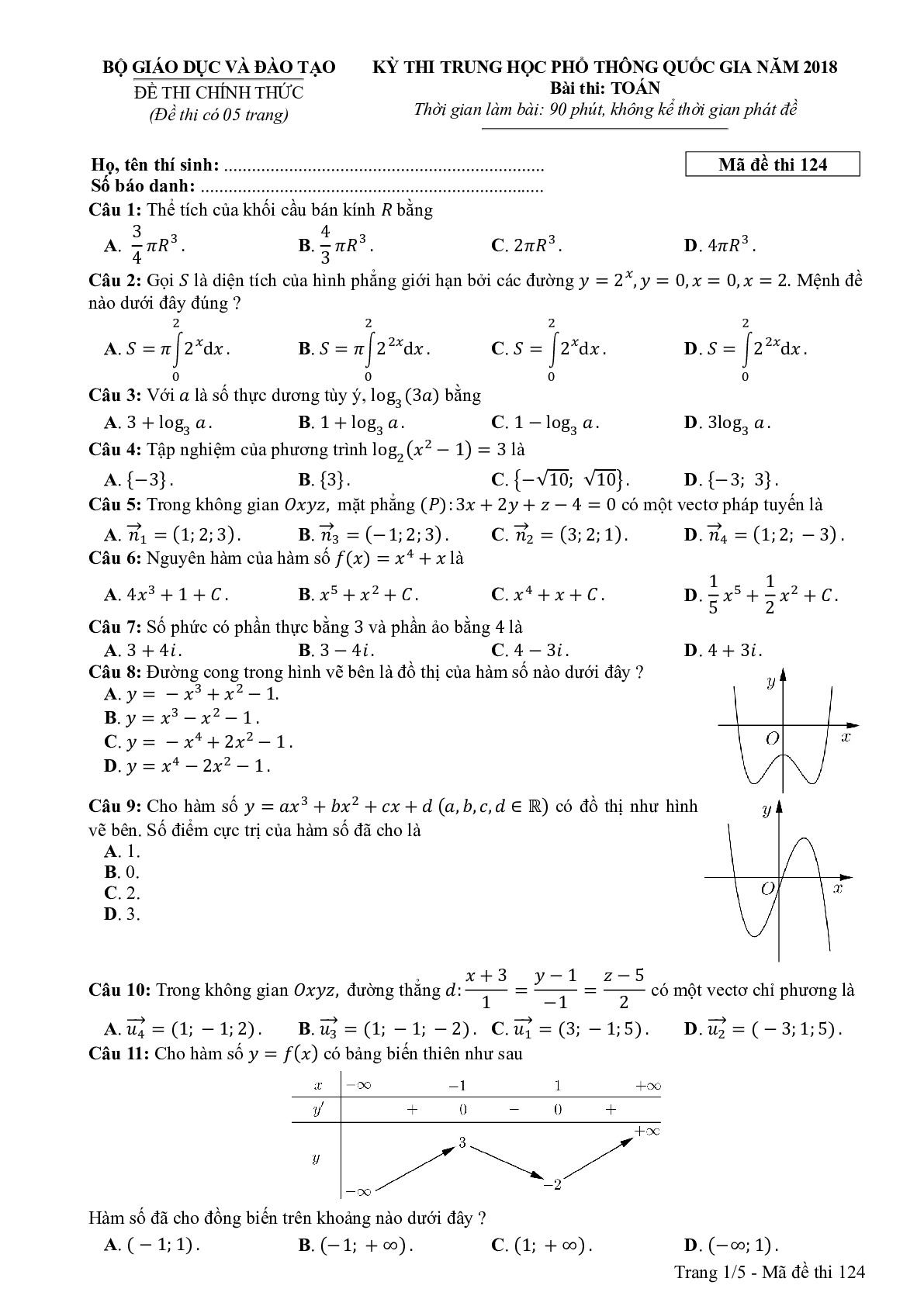 Đề thi THPTQG Môn Toán mã đề 124 năm 2018