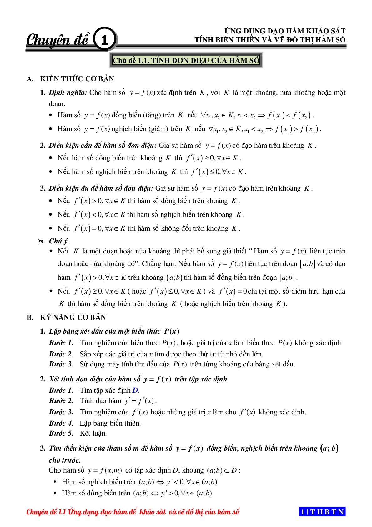 Toán 12 - Chuyên đề 1: Tính đơn điệu của hàm số