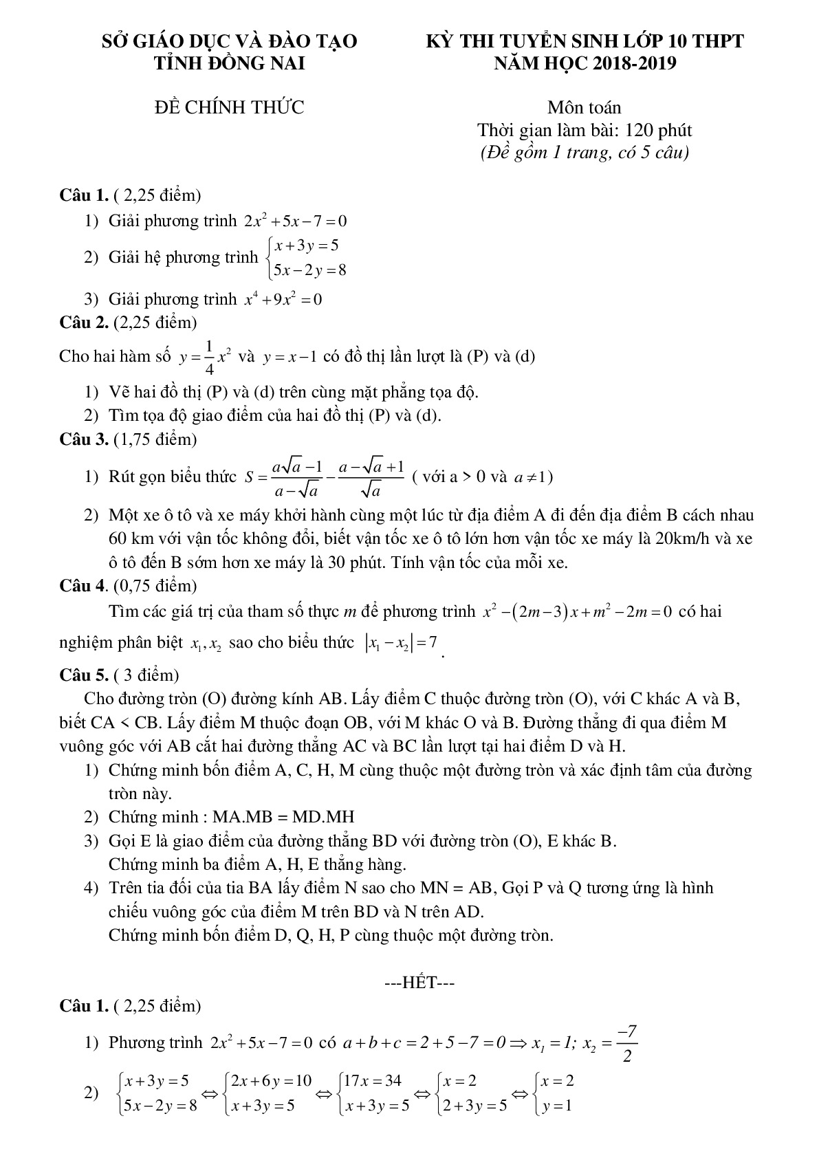 Đề thi và đáp án môn Toán vào 10 tỉnh Đồng Nai năm 2018-2019