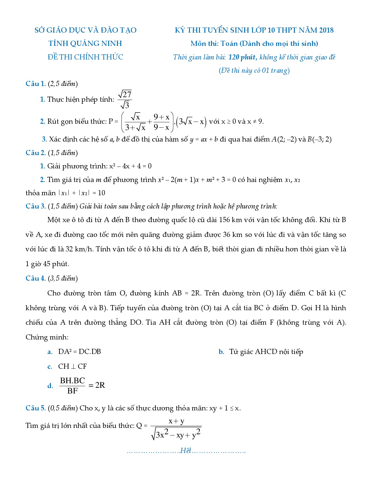 Đề thi và đáp án môn Toán vào 10 tỉnh Quảng Ninh năm 2018