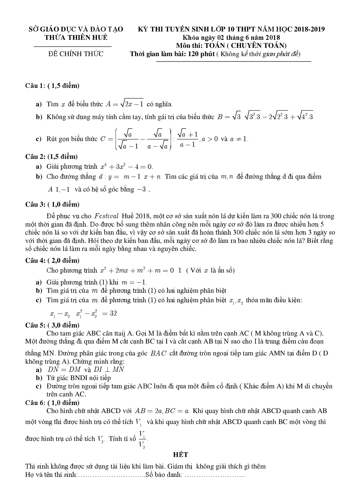Đề và đáp án môn Toán tỉnh Thừa Thiên Huế năm 2018