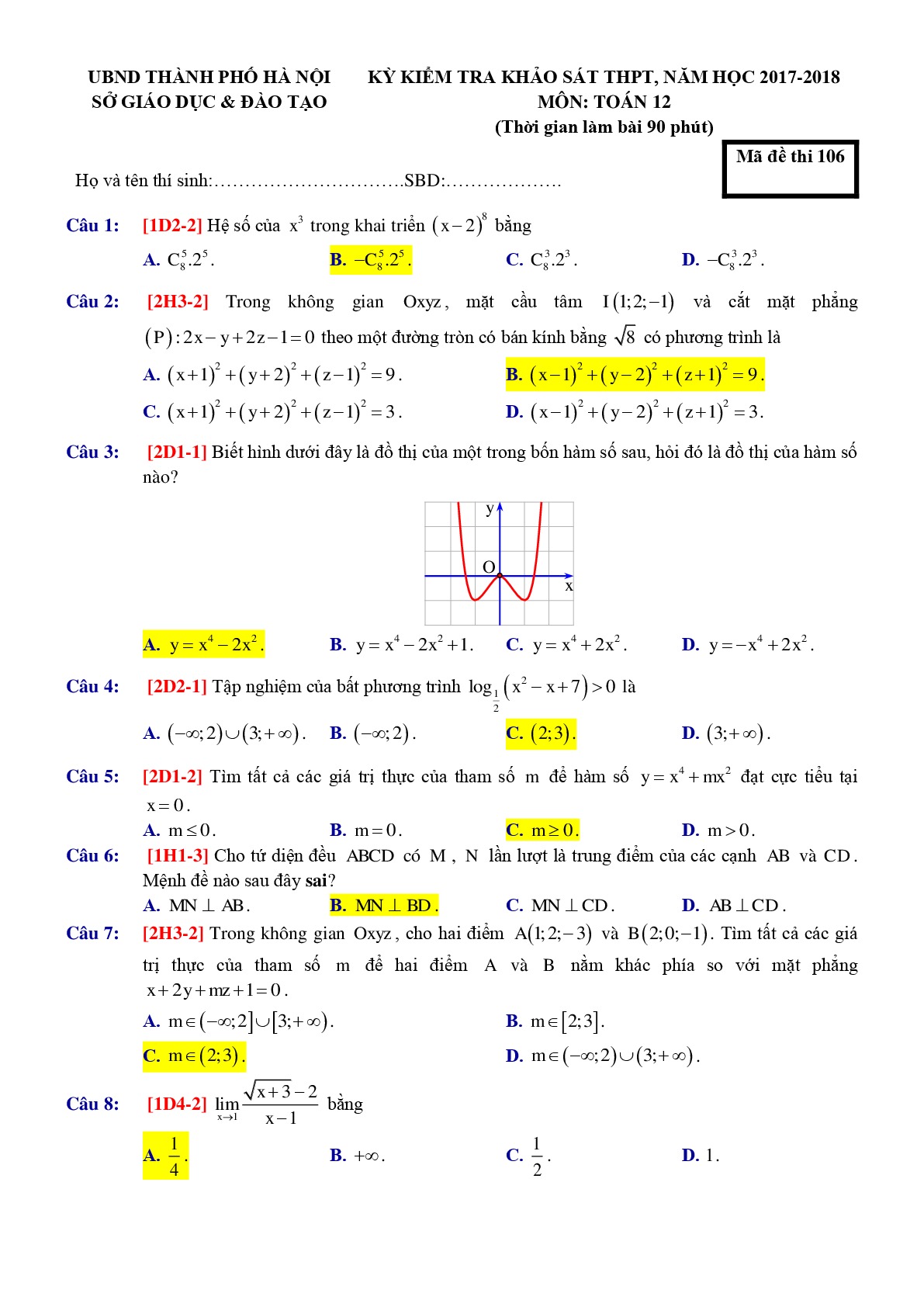Sở giáo dục Hà Nội : Kỳ kiểm tra khảo sát THPT 2018 Mã đề 106