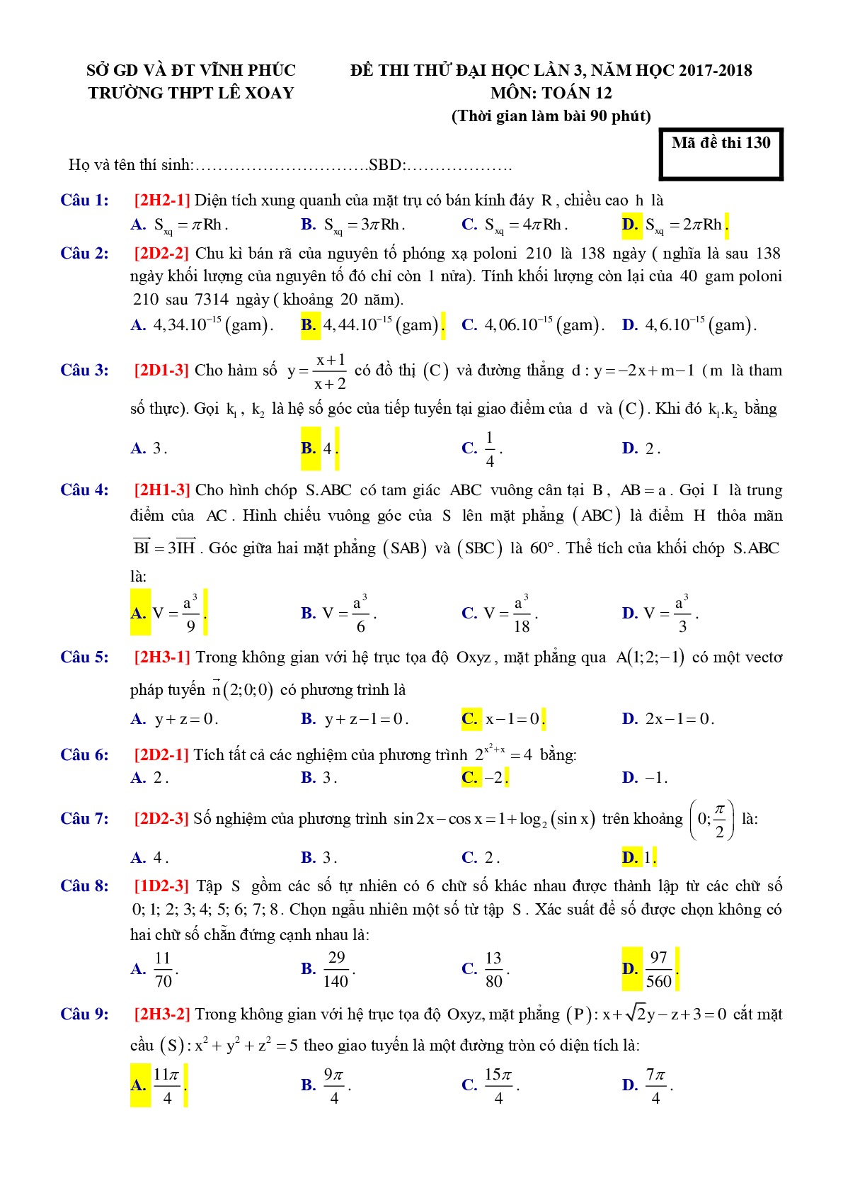Đề thi thử Đại Học lần 3 Trường THPT Lê Xoay - Vĩnh Phúc mã đề 130