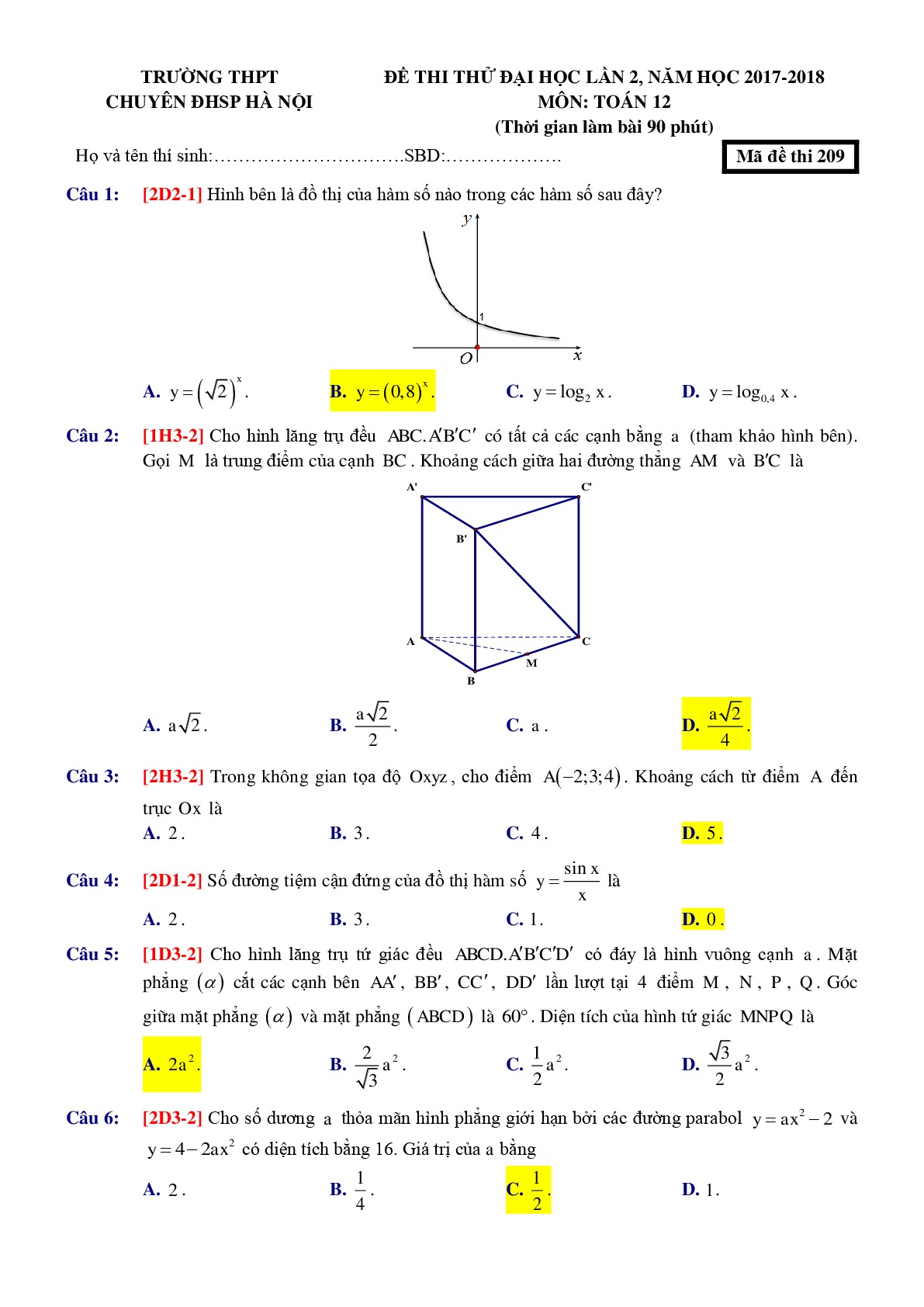 Đề 2: Đề thi thử THPTQG môn Toán năm 2018 Môn Toán THPT Chuyên ĐHSP - Hà Nội lần 2 mã đề 209