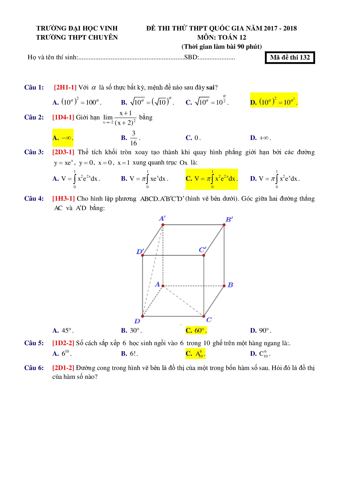 Đề 3: Đề thi thử THPTQG môn Toán năm 2018 Môn Toán THPT Chuyên - Trường ĐH Vinh  lần 1 mã đề 132