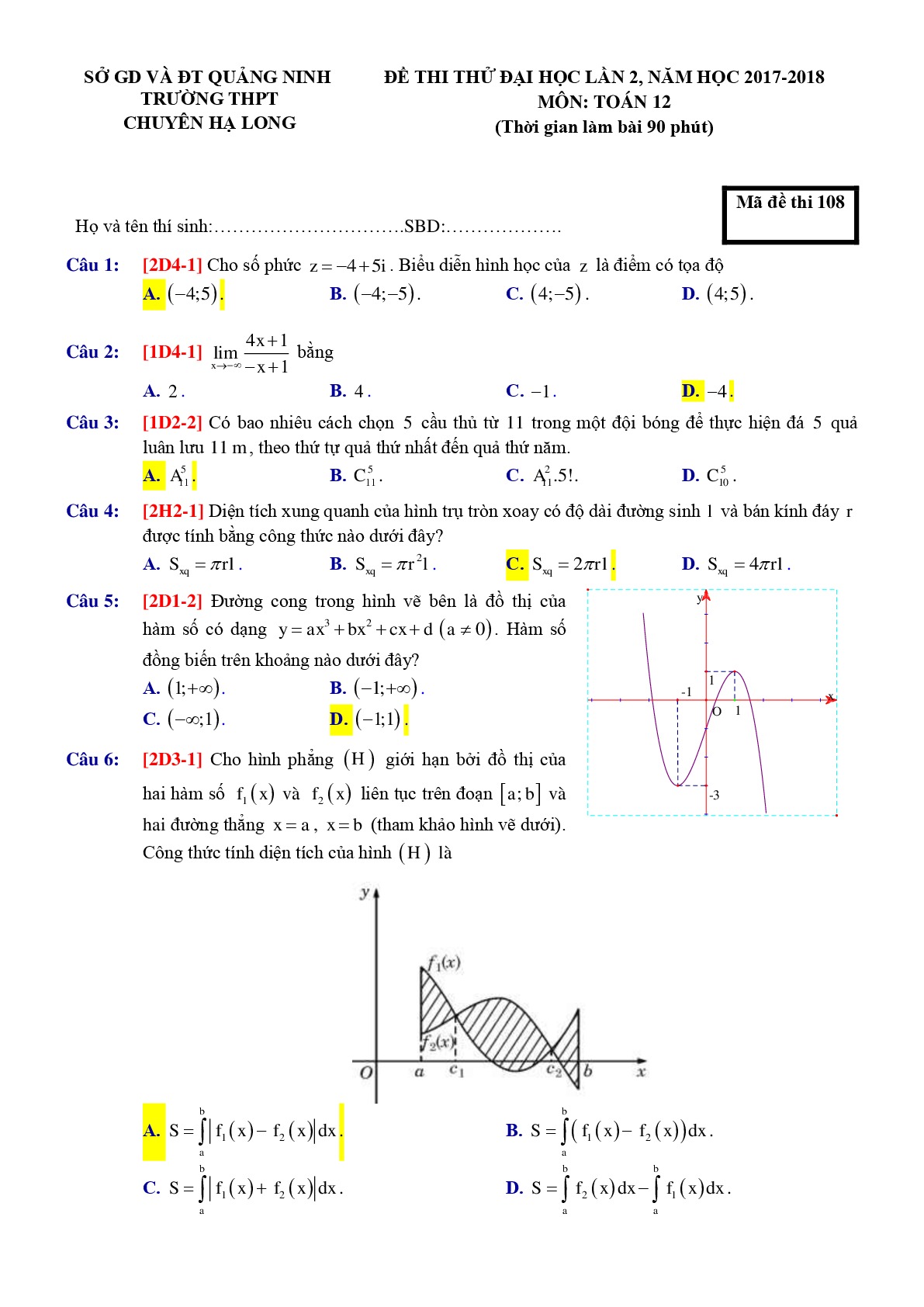 Đề 4: Đề thi thử THPTQG môn Toán năm 2018 Môn Toán THPT Chuyên Hạ Long - Quảng Ninh lần 2 mã đề 108